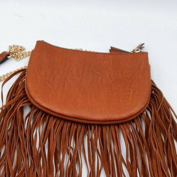 Aldo Brown Fringed Crossbody Bag Zippered Chain Faux Leather 8 Inch Boho - Picture 4 of 14